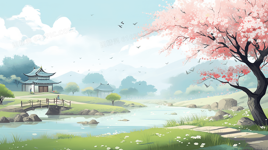 中国风湖边粉色花朵山水风景插画