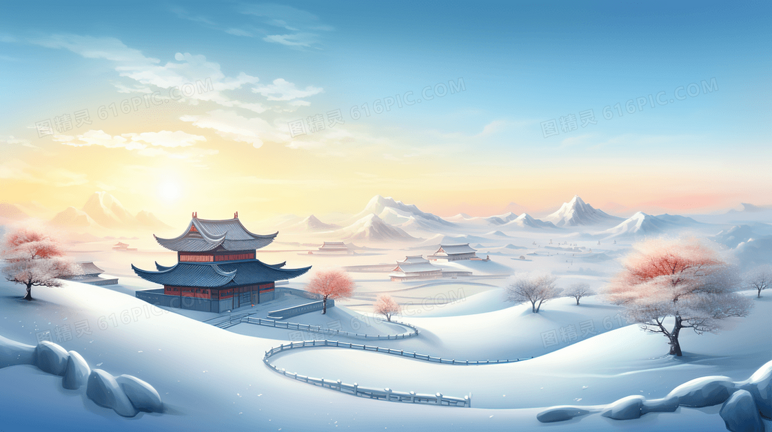 中国风古典建筑雪景插画