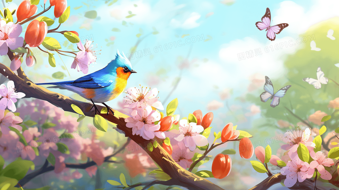 春天粉色桃花树枝栖息的美丽小鸟插画