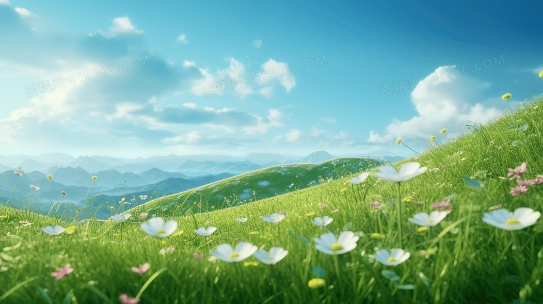 蓝天白云下鲜花盛开的青青草地插画