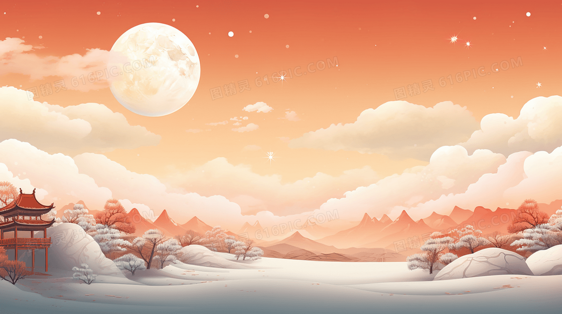明月下的山地建筑风景插画