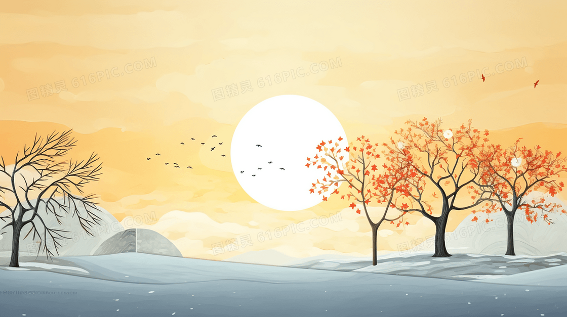 秋天夕阳下的金色树木风景插画