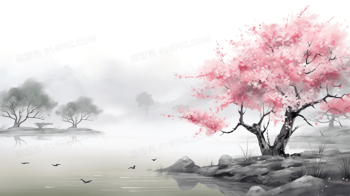 中国风湖边粉色花朵山水风景插画