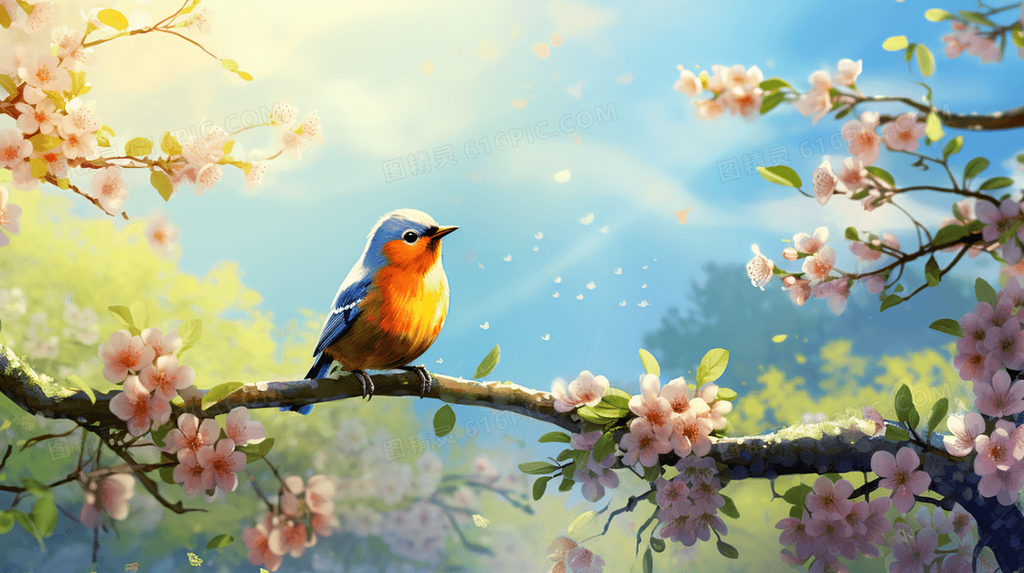 春天粉色桃花树枝栖息的美丽小鸟插画