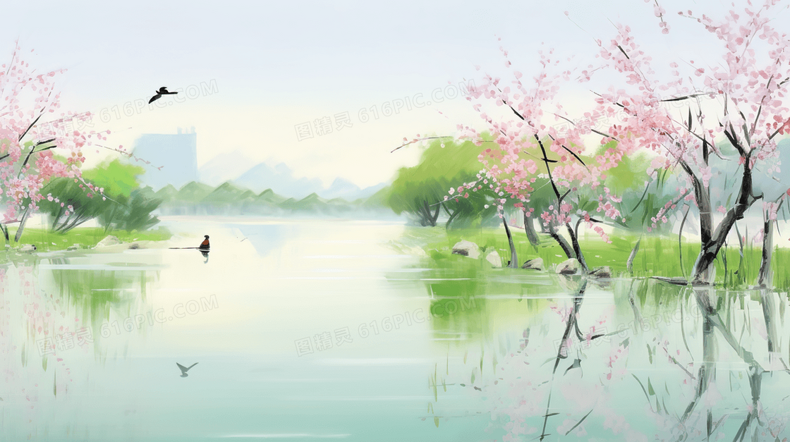 湖中垂柳粉色花树风景插画