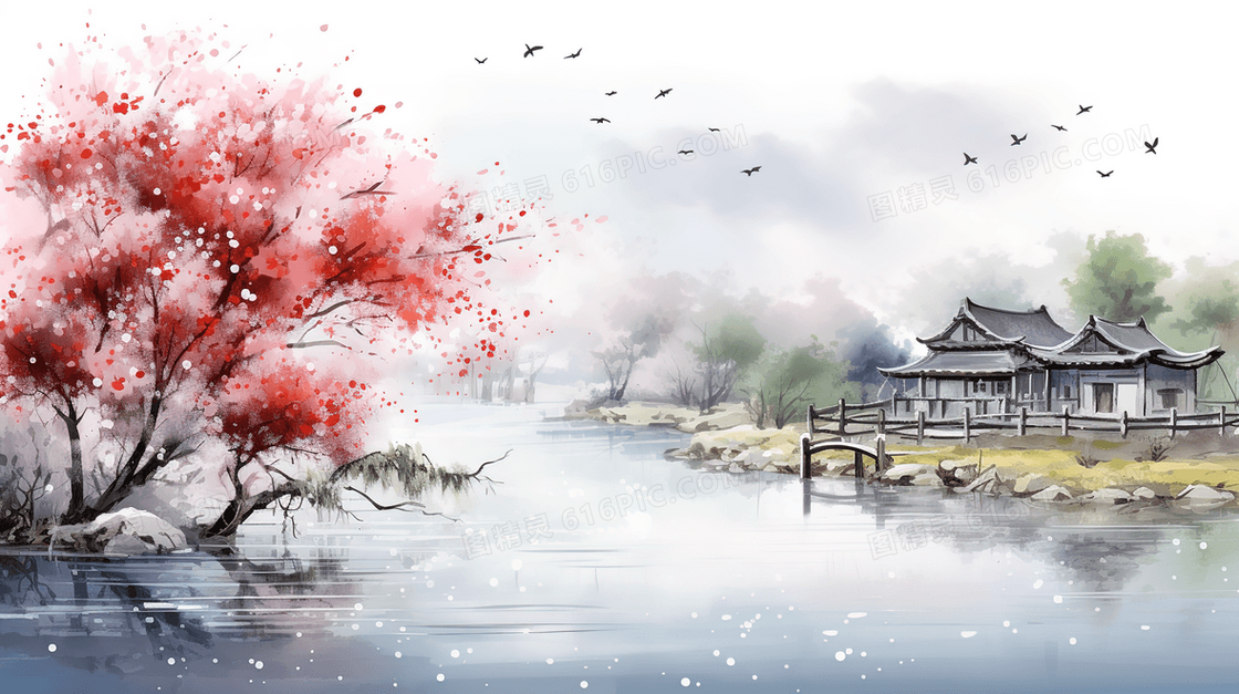 中国风湖边唯美风景水墨插画