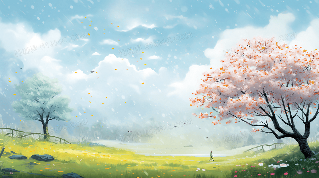 春天山坡上的粉色花树风景插画