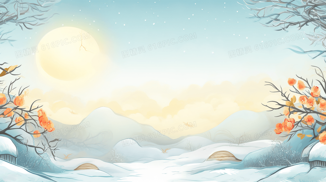 明月下雪地上的黄色花朵插画