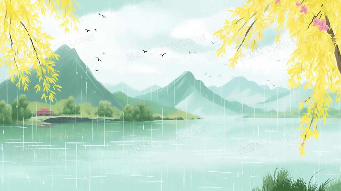 江南春雨中的湖畔风景插画