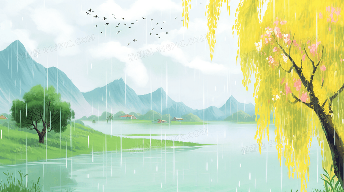 江南春雨中的湖畔风景插画