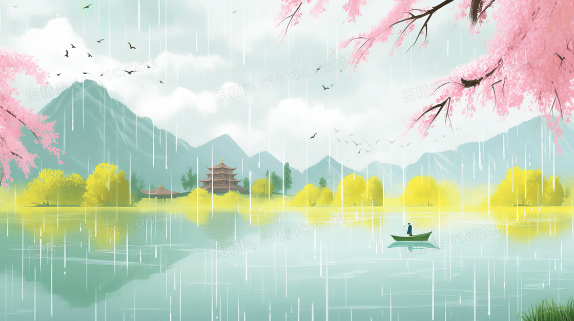 江南春雨中的湖畔风景插画