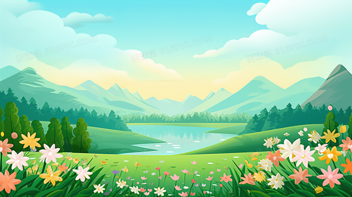 蓝天白云下的山林草地小湖景色插画背景图片下载_2912x1632像素jpg
