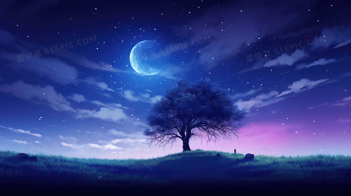 星空下的草原树木夜景插画