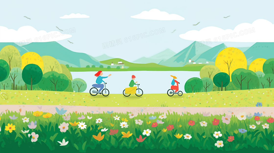 郊外湖边花丛草地上骑自行车的小孩插画
