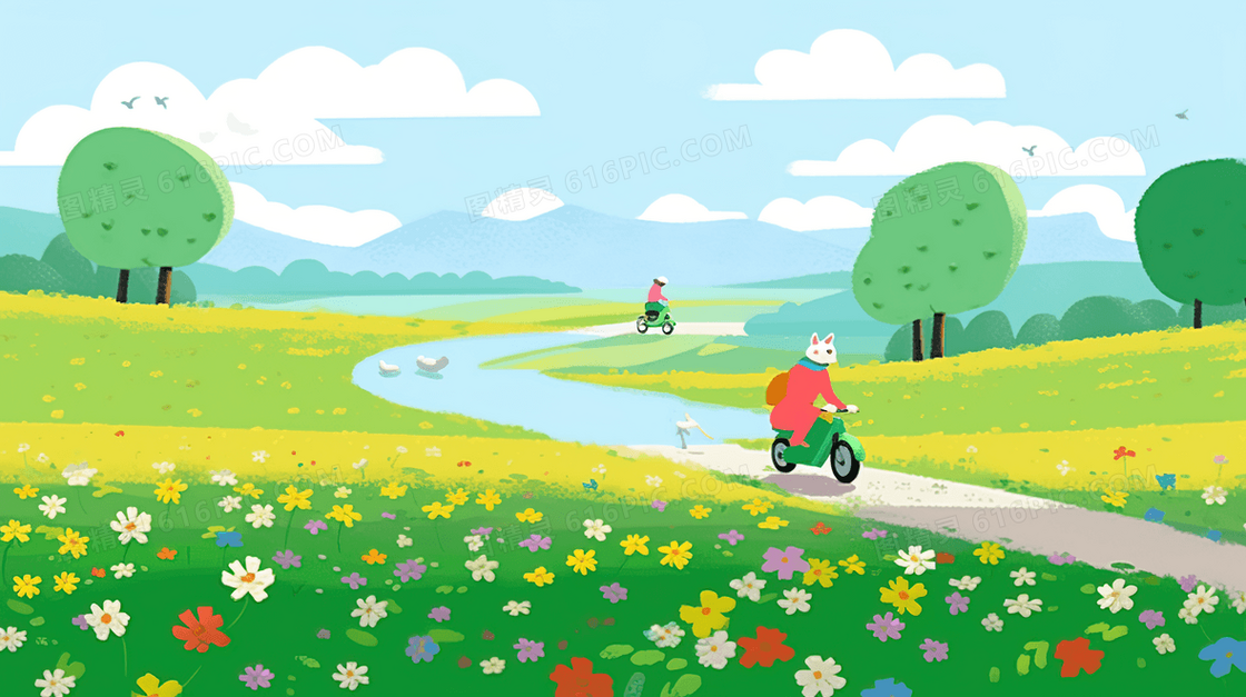郊外湖边花丛草地上骑自行车的小孩插画