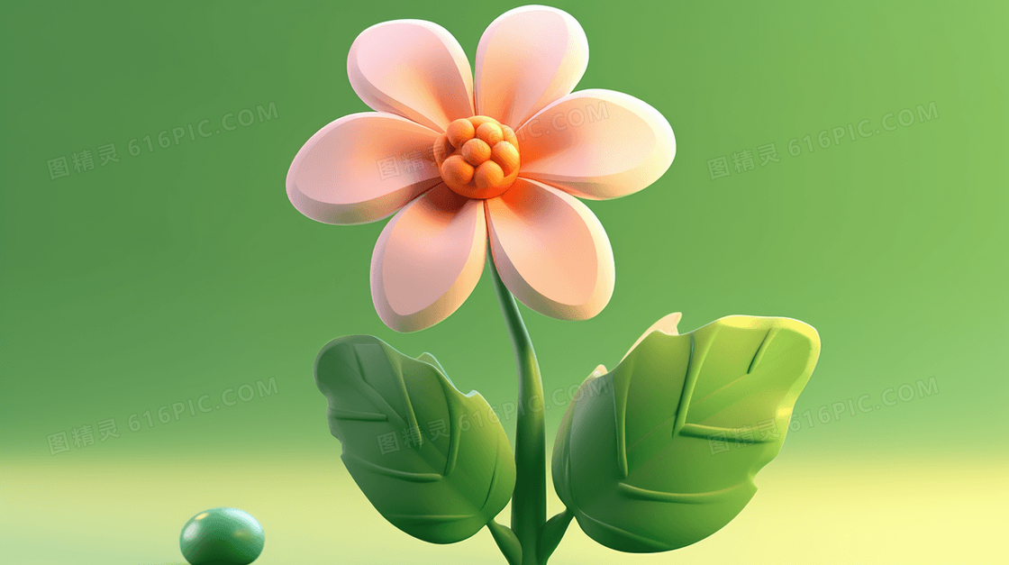 一朵简约两片叶子的3D鲜花插画