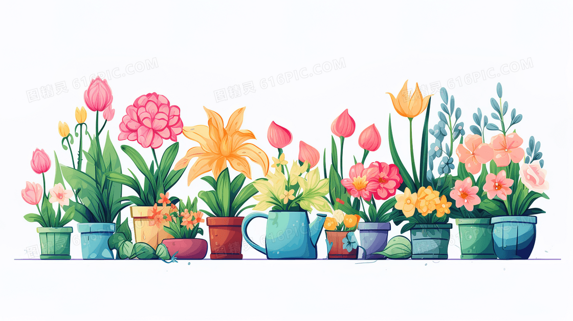 花园的鲜花盆栽简约插画