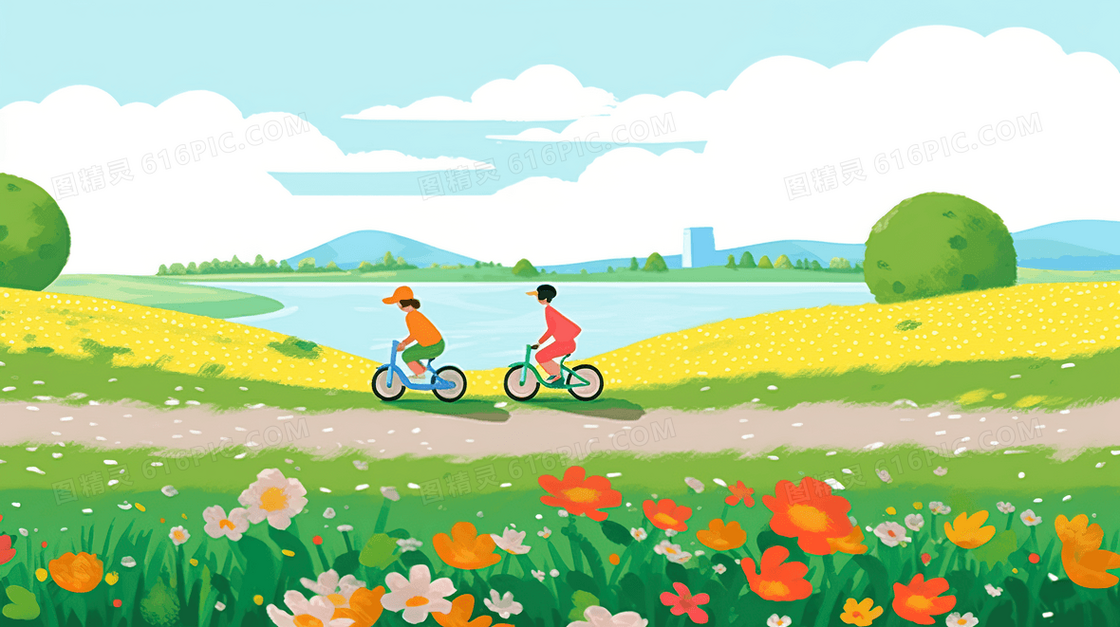 郊外湖边花丛草地上骑自行车的小孩插画
