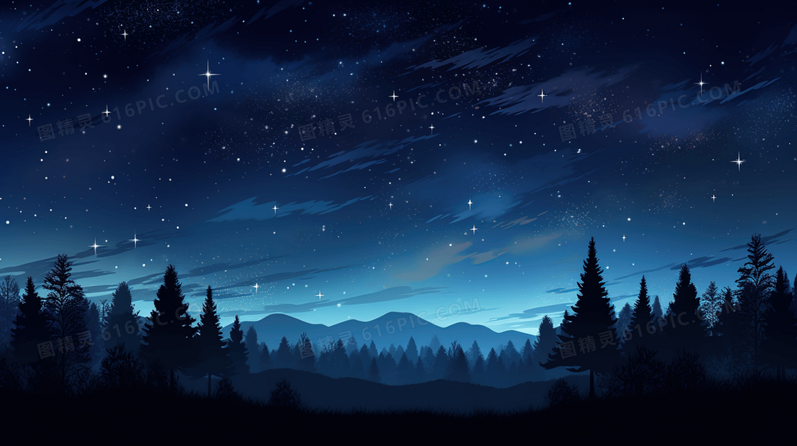 星空下的山林夜景插画