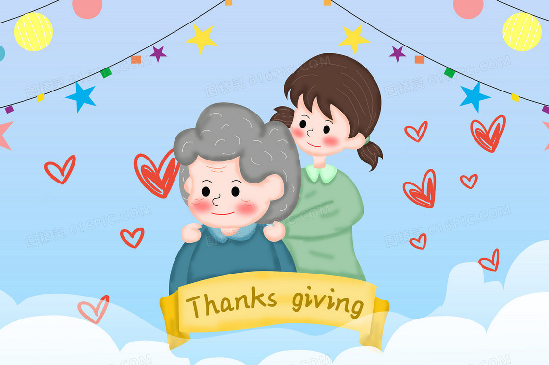 小女孩帮奶奶按摩插画