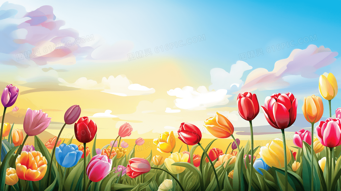 蓝天白云和草地上彩色的鲜花插画