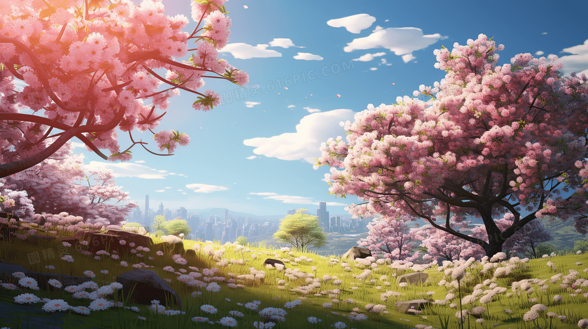 春天山地草原上盛开的樱花树插画背景图片下载_2912x1632像素JPG格式_编号vwkfww4mv_图精灵
