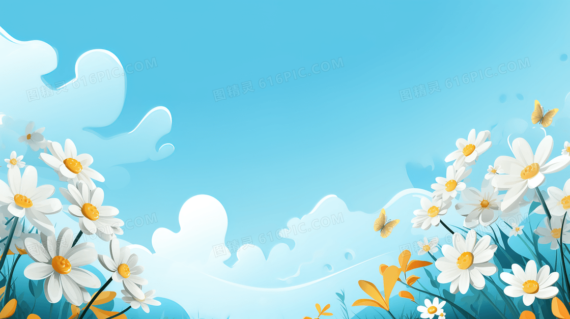 蓝天白云下鲜花盛开的草地插画
