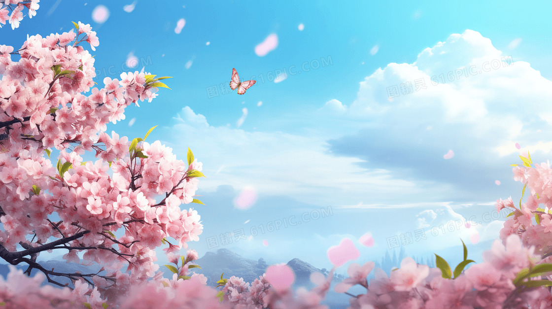 春天山地草原上盛开的樱花树插画