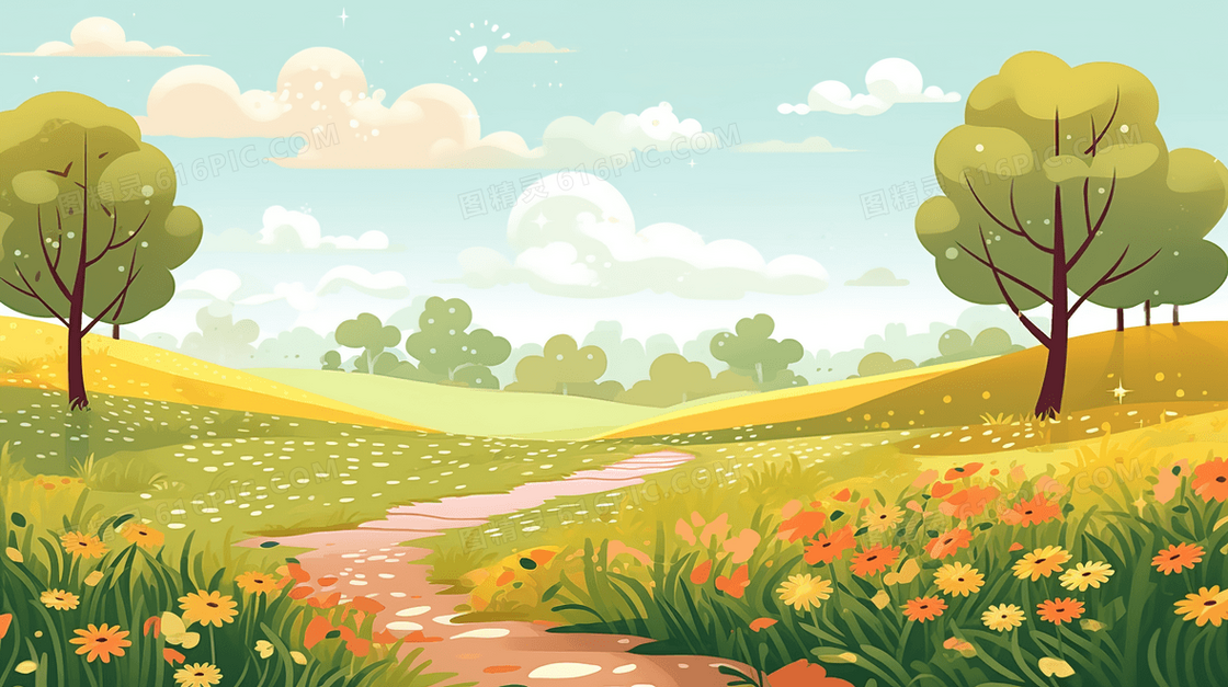山林里的乡间小道旁的草地花丛春日美景插画