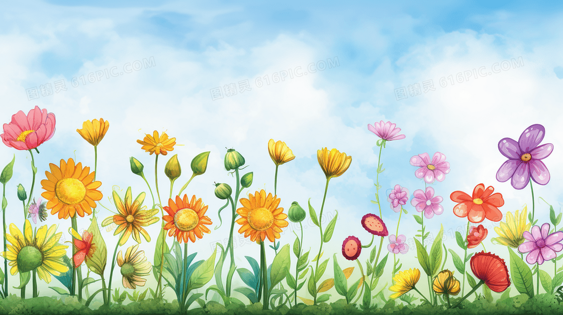 蓝天白云和草地上彩色的鲜花插画