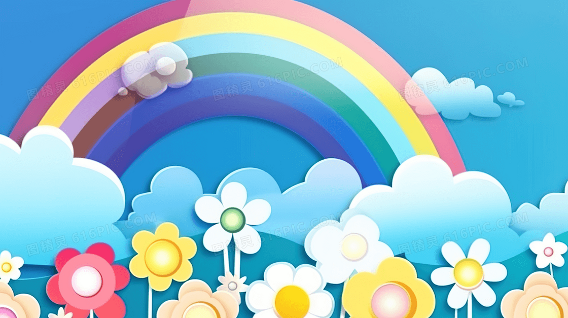 可爱的彩虹云朵和鲜花花田插画