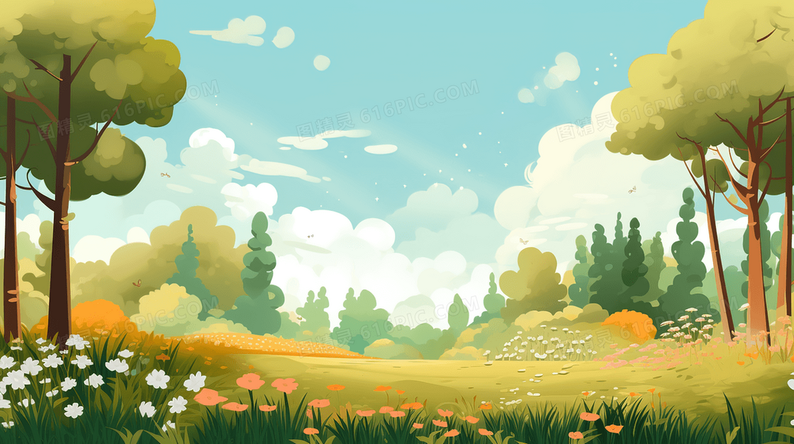 山林里的乡间小道旁的草地花丛春日美景插画