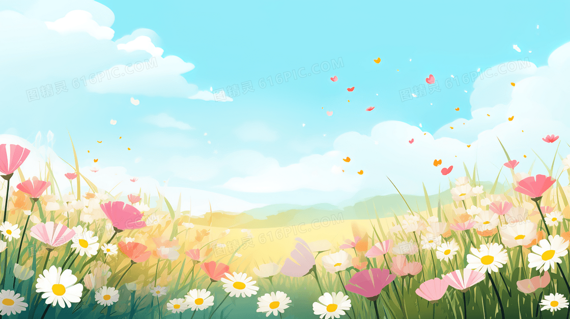 蓝天白云下鲜花盛开的草地插画