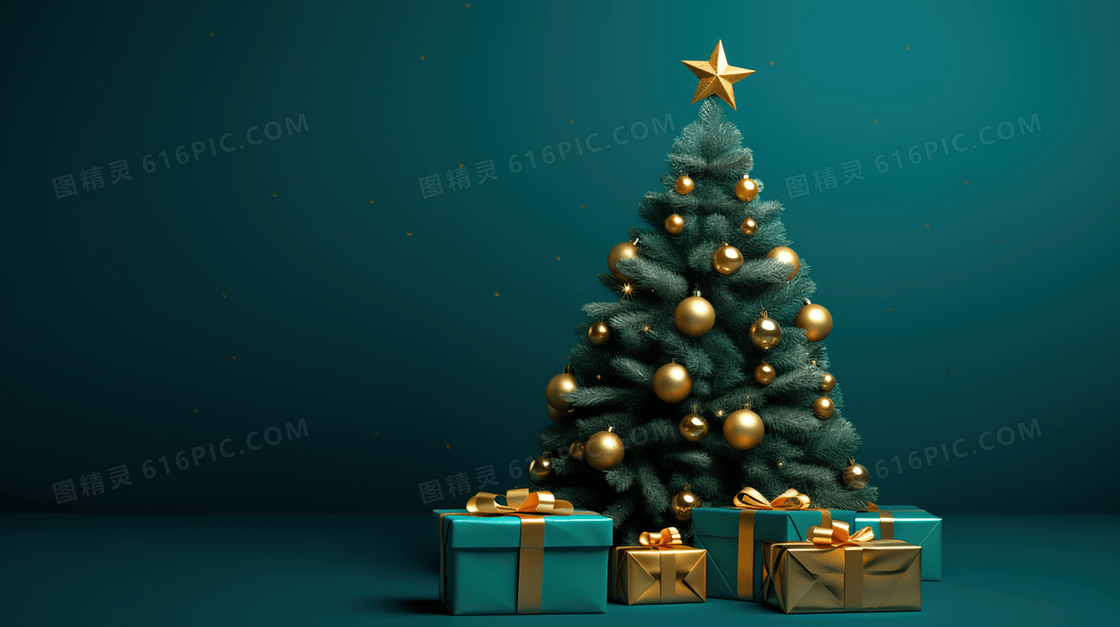 绿松石背景底色的圣诞树和礼物概念图片