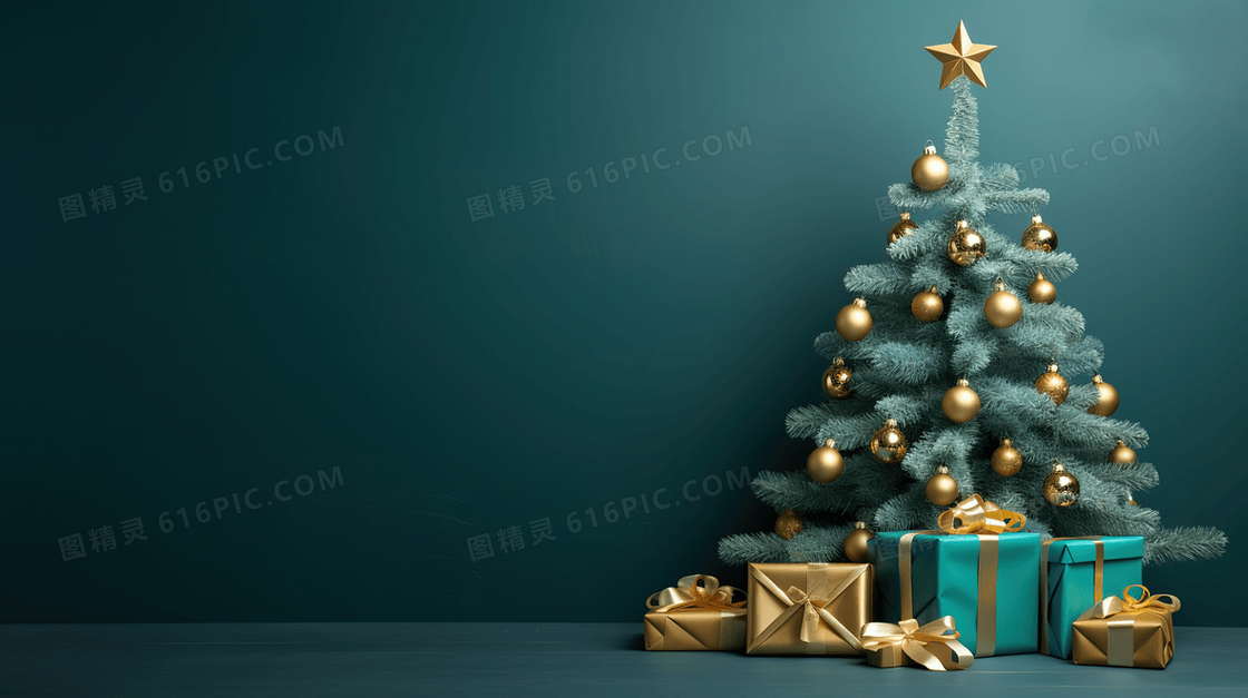 绿松石背景底色的圣诞树和礼物概念图片