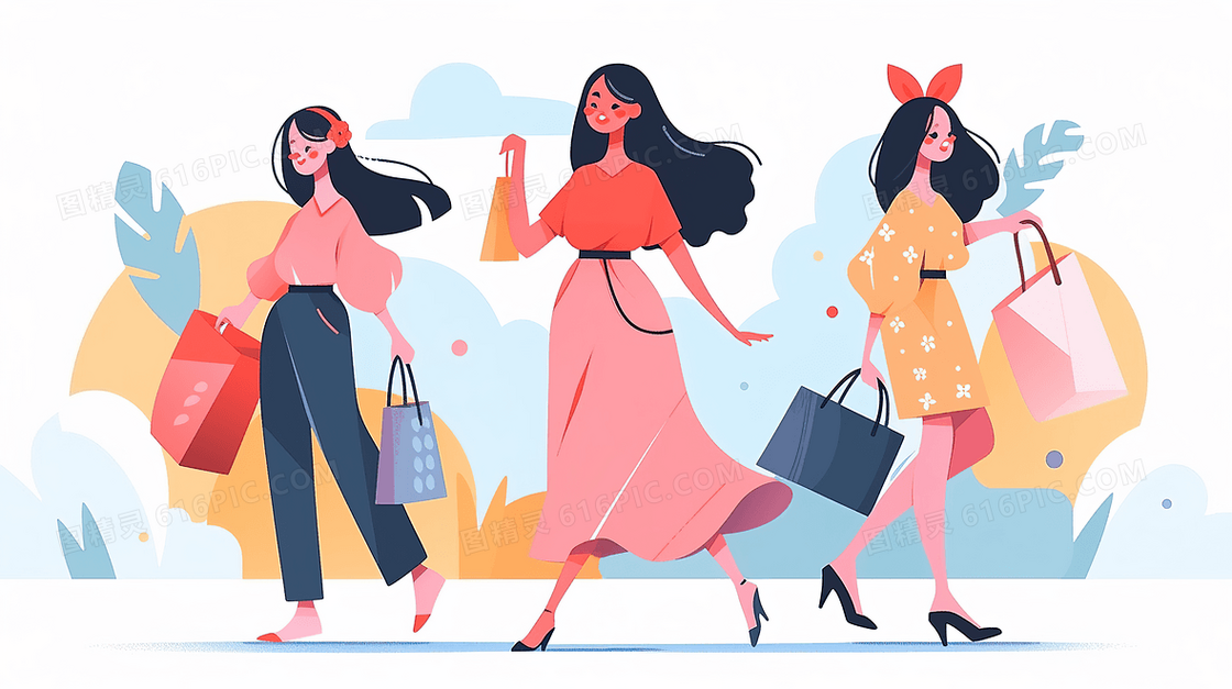 女孩们购物逛街插画