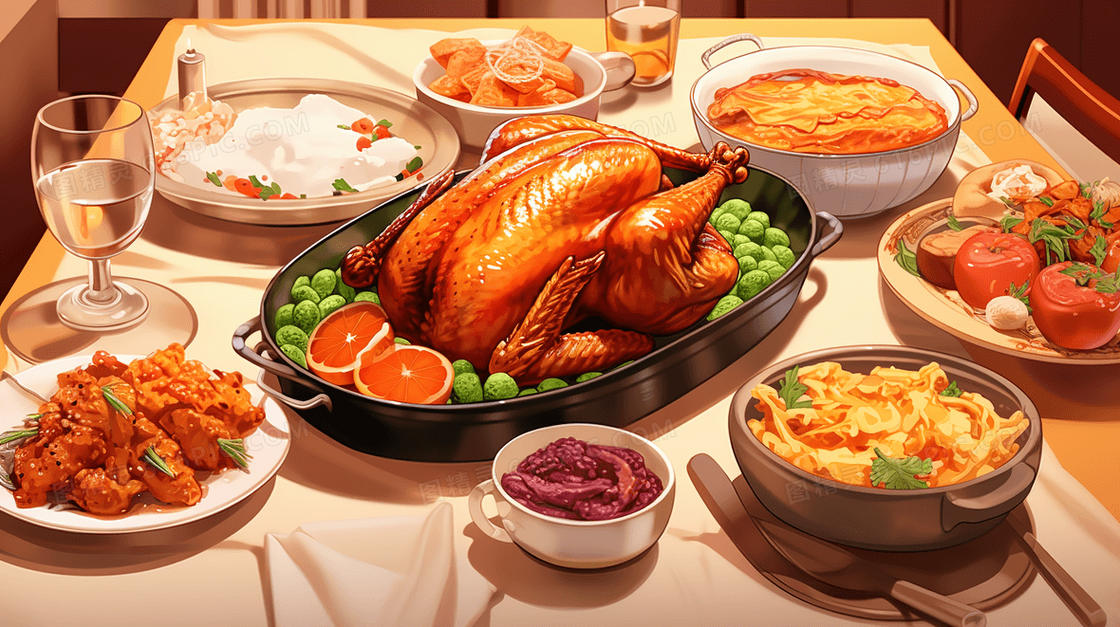 一桌美味的感恩节美食插画