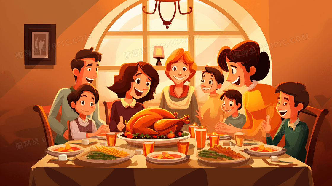 感恩节家庭晚餐聚会卡通插画