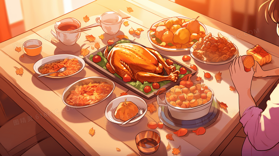 一桌美味的感恩节美食插画