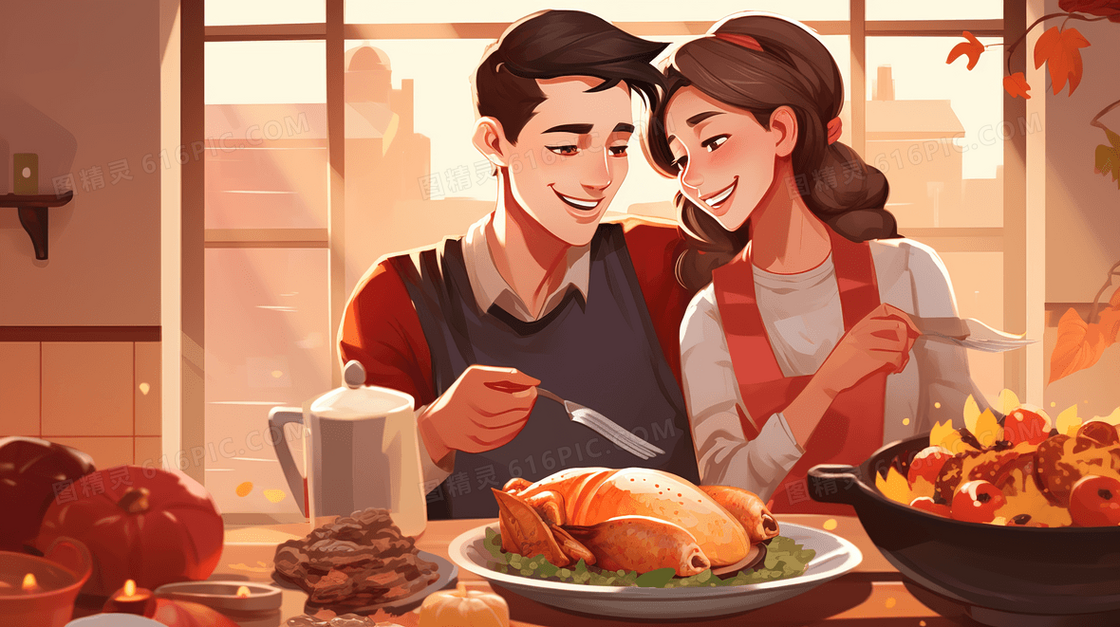 享用感恩节美食的情侣插画
