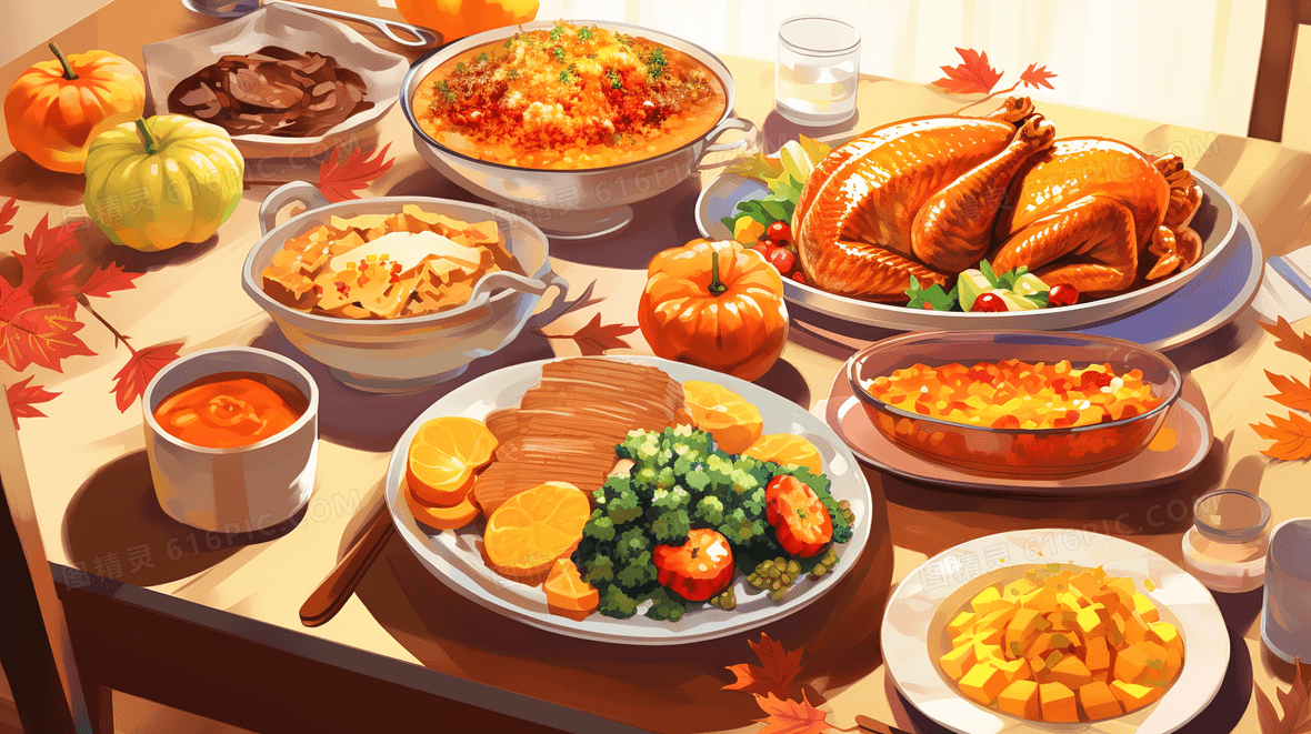 一桌美味的感恩节美食插画