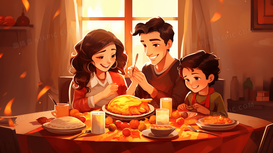 感恩节家庭聚餐的一家三口插画
