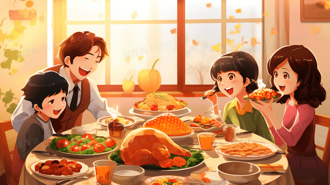 一起享用感恩节美食的一家四口插画