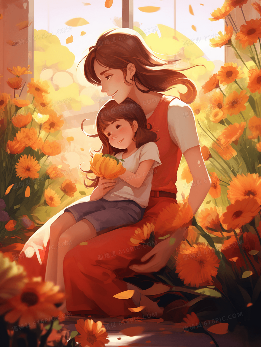 鲜花包围的母亲拥抱孩子温馨母亲节插画