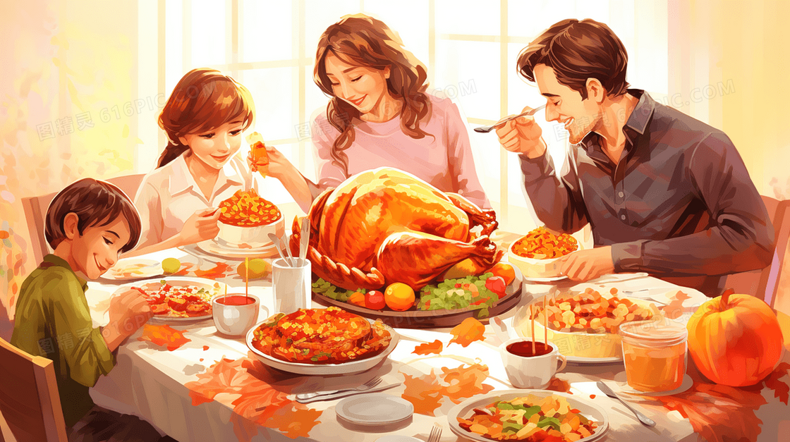 西方感恩节家庭聚餐插画