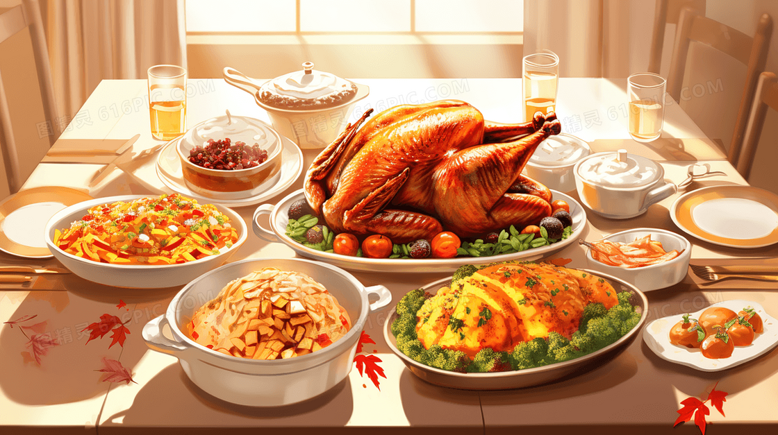 传统感恩节烤火鸡大餐插画