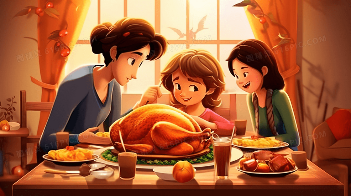 感恩节家庭聚餐的一家三口插画
