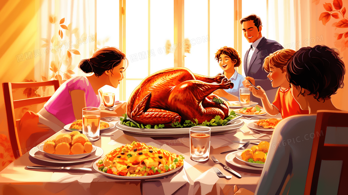 西方感恩节家庭聚餐插画