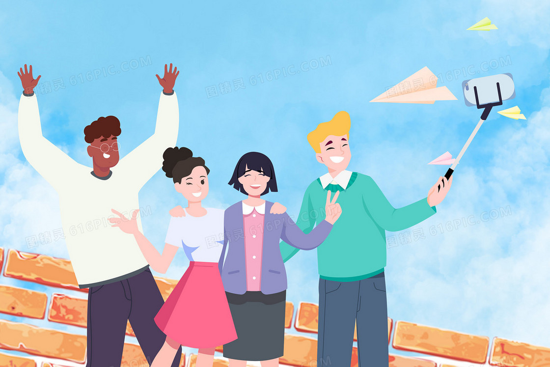 大学生国际留学生年轻人自拍插画