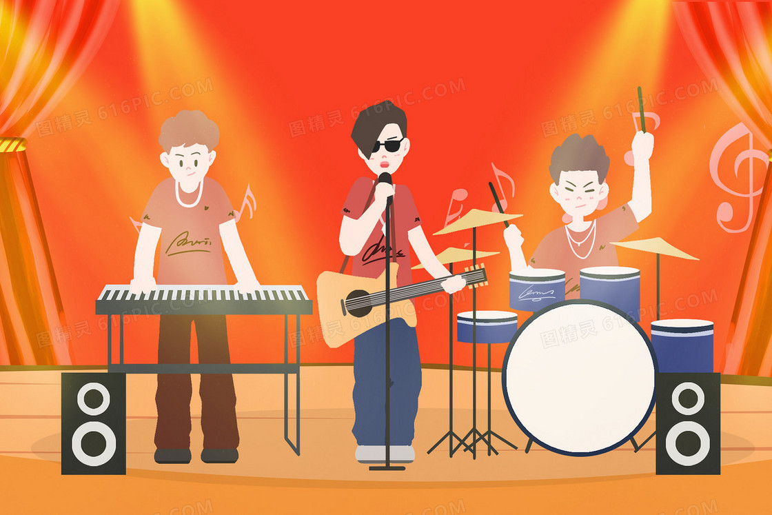 大学生乐队演唱会表演年轻人插画